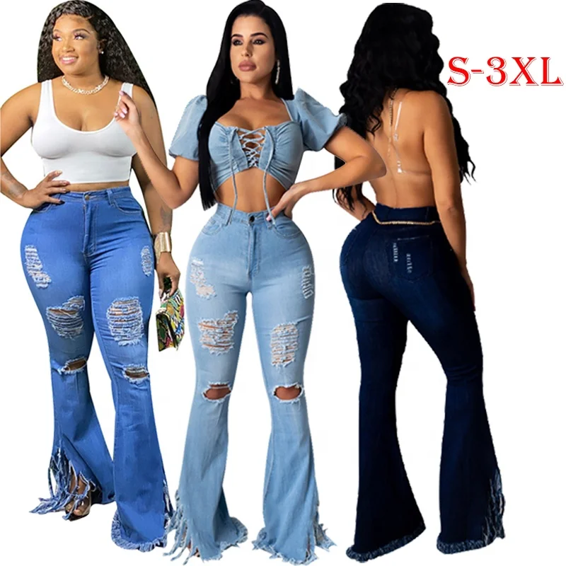 DLL Hot Sale Ladies Plus Size High Waist Flare denim pants with Tassel Destroyed Ripped Jeans Women, As picture or customized make
DLL Hot Sale Ladies Plus Size High Waist Flare denim pants with Tassel Destroyed Ripped Jeans Women, As picture or customized make
