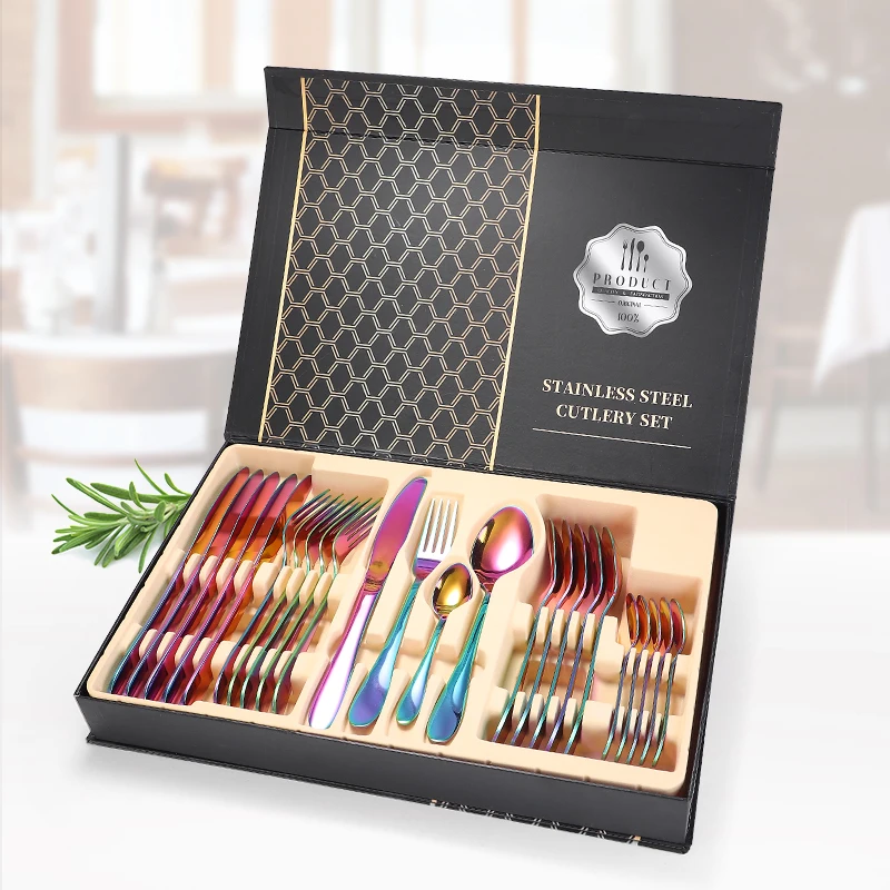 Custom hotel wedding metal stainless steel silver gold plated round handle cutlery 24pcs set with gift box, Silver, gold, rose gold, rainbow, black
Custom hotel wedding metal stainless steel silver gold plated round handle cutlery 24pcs set with gift box, Silver, gold, rose gold, rainbow, black