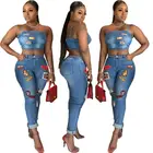 08AF307 Sexy casual cartoon patch cuffed sling tube top and skinny denim jeans womans clothing 2 piece autumn pants sets