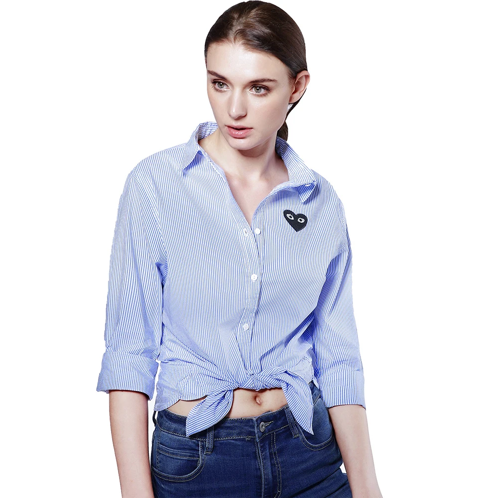 Spring summer long sleeve blue white striped shirt custom logo heart embroidery women shirts blouse tops for casual office wear
Spring summer long sleeve blue white striped shirt custom logo heart embroidery women shirts blouse tops for casual office wear