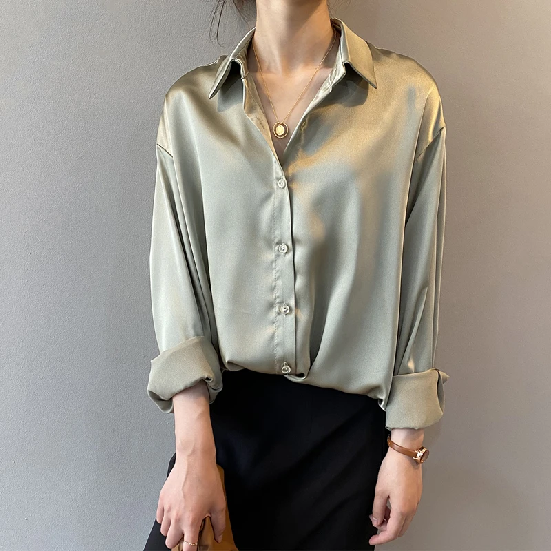 Autumn Fashion Women Button Satin Silk Vintage Blouse Lady Long Sleeves Loose Street Solid Color Casual Shirts, Accept custom color
Autumn Fashion Women Button Satin Silk Vintage Blouse Lady Long Sleeves Loose Street Solid Color Casual Shirts, Accept custom color