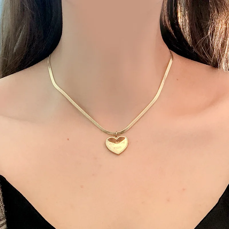 

Stainless Steel Oblate Snake Chain Love Heart Pendant Necklace Gold Tone Love You Letter Heart Pendant Necklace