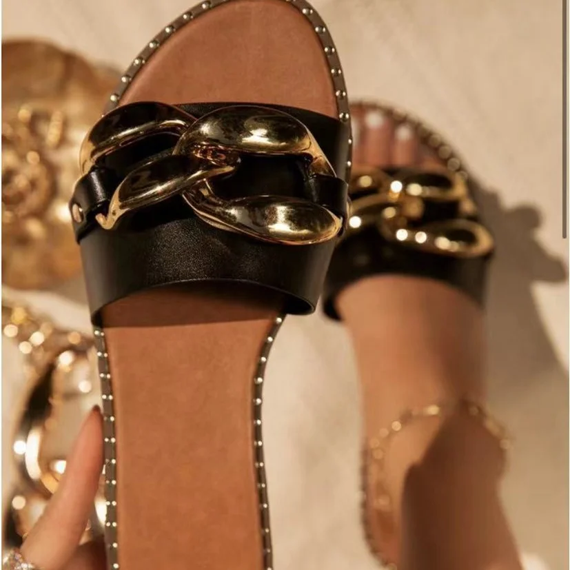 Hot Selling Round Open Toe Slippers for Women Flat Leather Slides Chain Strap Sandals, 3 colors
Hot Selling Round Open Toe Slippers for Women Flat Leather Slides Chain Strap Sandals, 3 colors