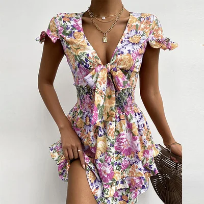 Sexy Deep V-neck Tie-up Bow Party Dress Women 2021 Summer Butterfly Short Sleeve Mini Dress Spring Floral Print Ruffle Dresses
Sexy Deep V-neck Tie-up Bow Party Dress Women 2021 Summer Butterfly Short Sleeve Mini Dress Spring Floral Print Ruffle Dresses