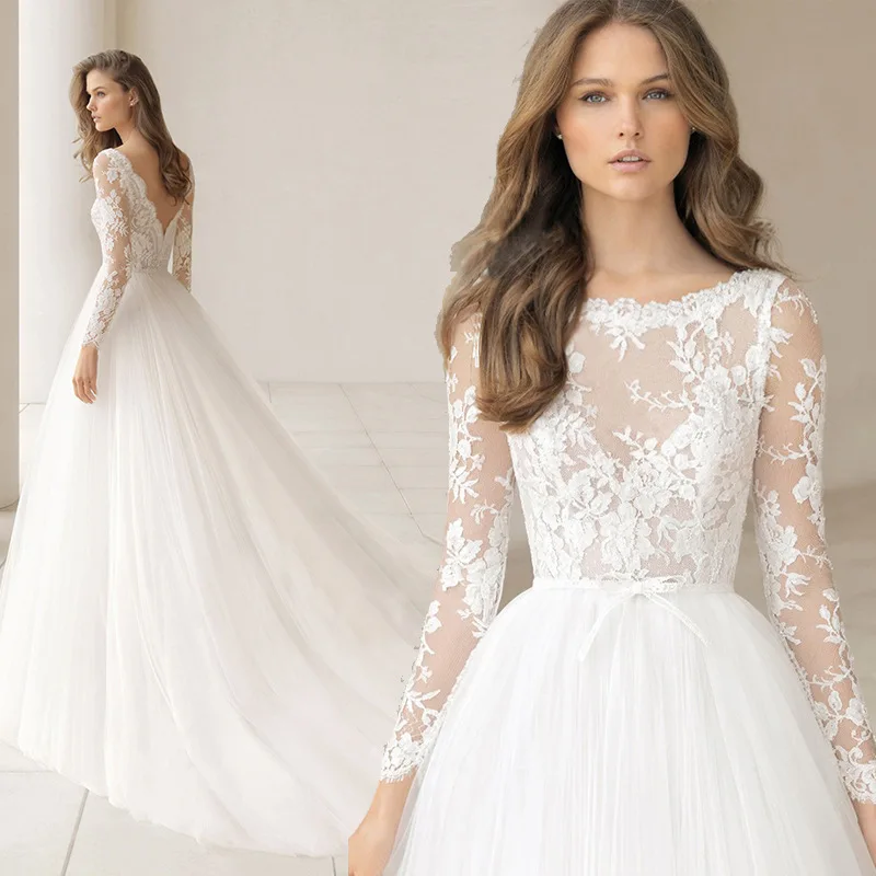 new arrivals white round neck long sleeve sexy lace slim fit bride trailing white formal wedding dress
new arrivals white round neck long sleeve sexy lace slim fit bride trailing white formal wedding dress