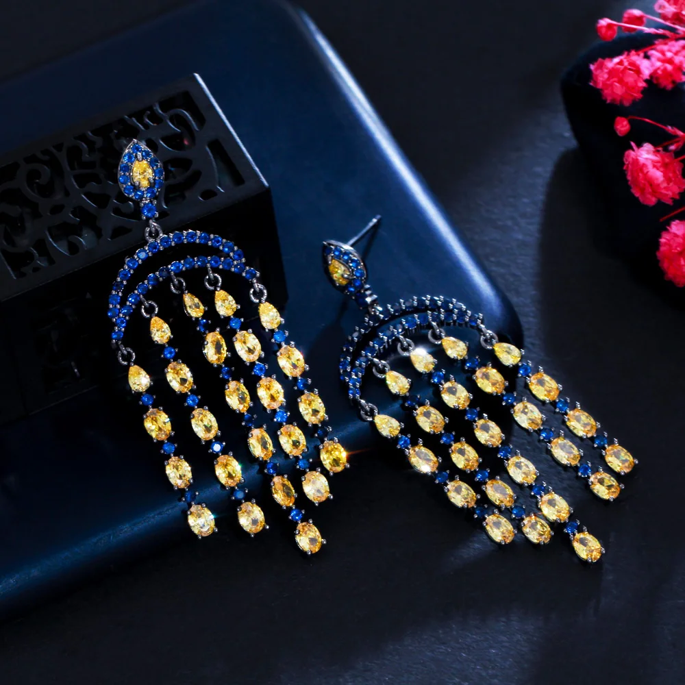 Stunning Blue Yellow Cubic Zircon Crystal Long Dangling Chandelier Tassel Bridal Wedding Earrings Prom Jewelry
Stunning Blue Yellow Cubic Zircon Crystal Long Dangling Chandelier Tassel Bridal Wedding Earrings Prom Jewelry