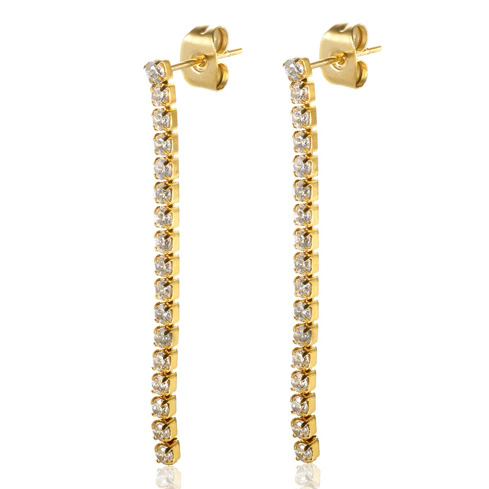 Trendy Luxury Jewelry 18K Gold Plated Stainless Steel Women Long Tassel Drop Rhinestone Cubic Zircon Tennis Chain Stud Earrings
Trendy Luxury Jewelry 18K Gold Plated Stainless Steel Women Long Tassel Drop Rhinestone Cubic Zircon Tennis Chain Stud Earrings