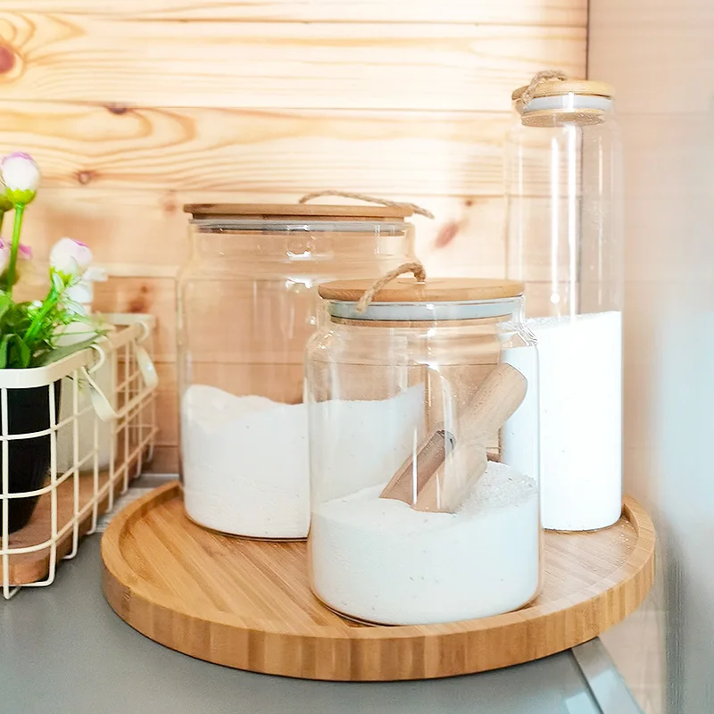 5 piece laundry set Large clear glass storage containers jars with bamboo lid and bamboo Tray
5 piece laundry set Large clear glass storage containers jars with bamboo lid and bamboo Tray