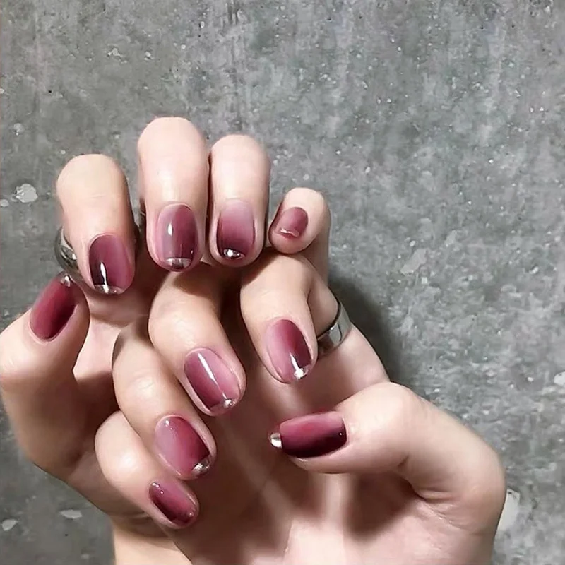 TKL Most fashionable beautiful peach ombre silver edge short with glue false nails french, Picture
TKL Most fashionable beautiful peach ombre silver edge short with glue false nails french, Picture
