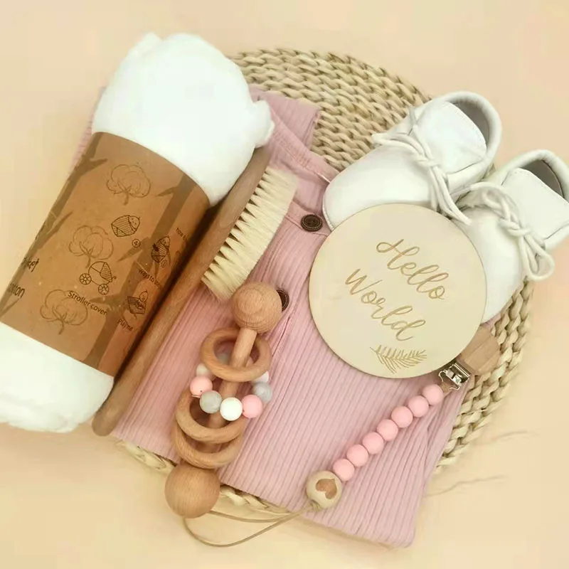 Custom Muslin Swaddle Clothes Newborn Gift Set Pacifier Clips Teething Rattle Toys Baby Bathing Brush Milestone Casual Shoes, Natural wood
Custom Muslin Swaddle Clothes Newborn Gift Set Pacifier Clips Teething Rattle Toys Baby Bathing Brush Milestone Casual Shoes, Natural wood