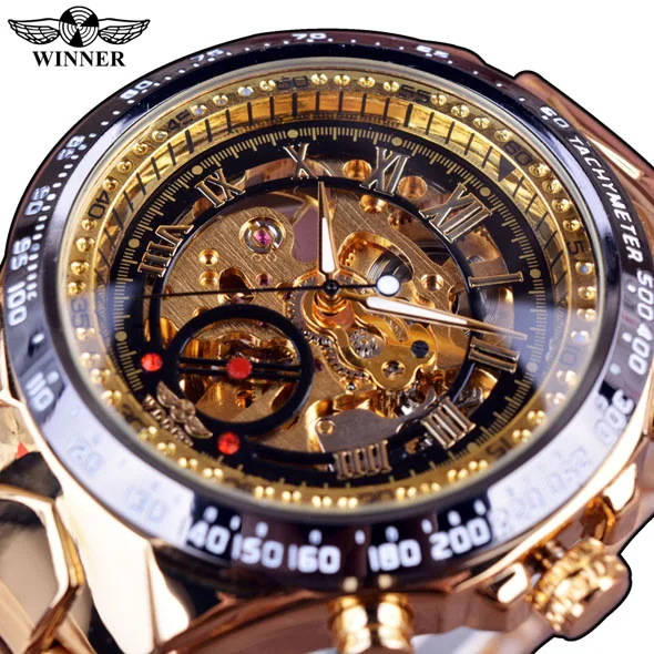 WINNER 432 Gold Clock Wrist Watches Skeleton Display Mechanical Automatic Black Retro Fashion Mens Watches
WINNER 432 Gold Clock Wrist Watches Skeleton Display Mechanical Automatic Black Retro Fashion Mens Watches
