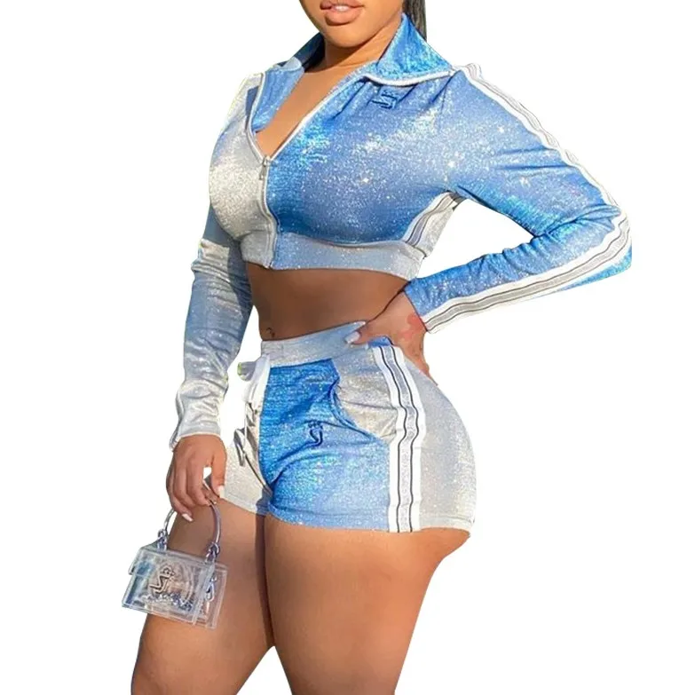 Casual fashion glitter cropped short top hot pants women sexy nightclub two-piece suit Color matching set
Casual fashion glitter cropped short top hot pants women sexy nightclub two-piece suit Color matching set
