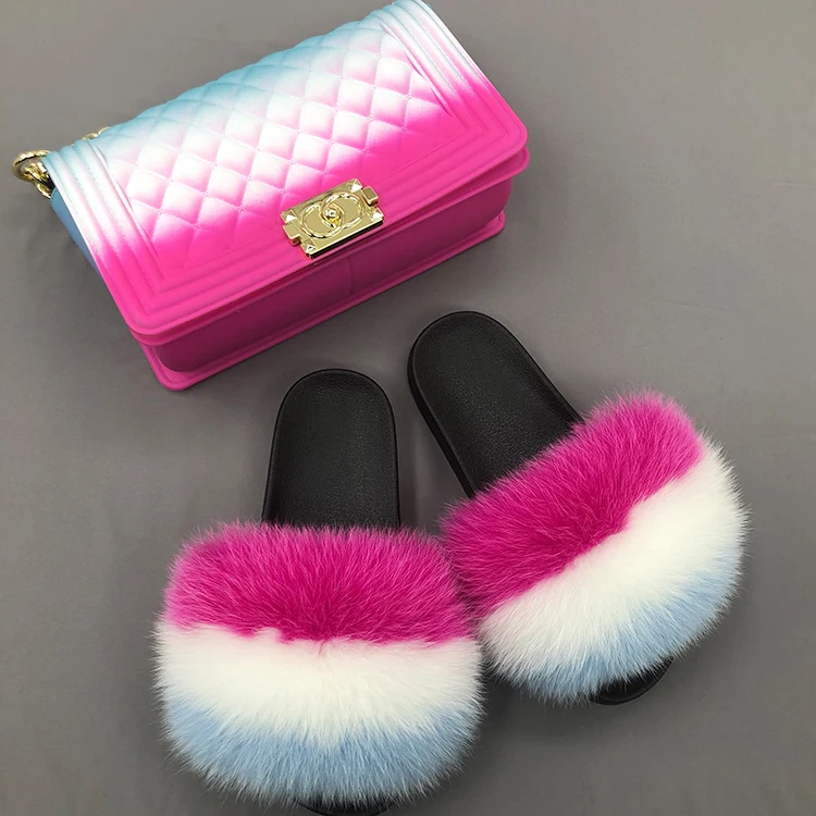 Red pink blue 100% real fox fur slides matching jelly purse furry fur slides and purse set, Customized color
Red pink blue 100% real fox fur slides matching jelly purse furry fur slides and purse set, Customized color