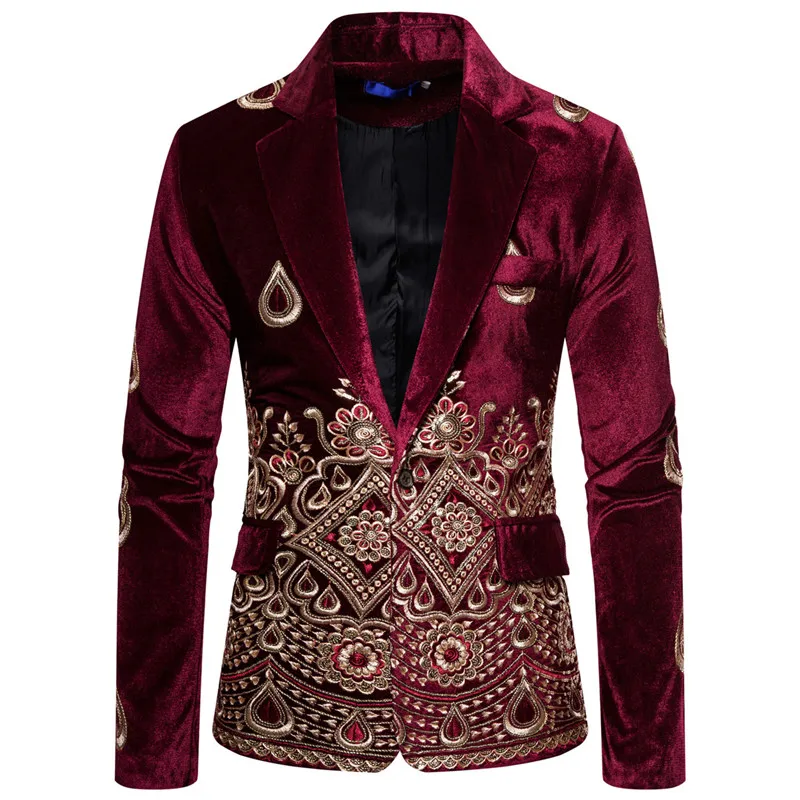 men's gold thread embroidery suit velvet one button dress costume slim fit blazer single suit jacket, Picture shown
men's gold thread embroidery suit velvet one button dress costume slim fit blazer single suit jacket, Picture shown