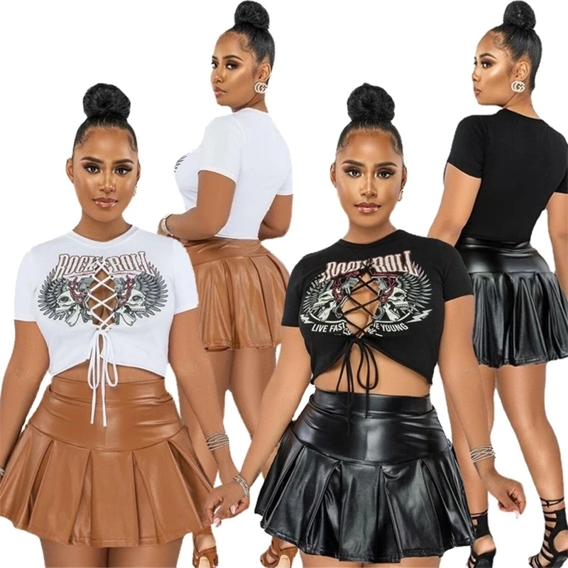 Women's Sexy Two Piece Skirt Set Club Casual Short Skirt Printed T-shirt Pleated Leather Skirt Set
Women's Sexy Two Piece Skirt Set Club Casual Short Skirt Printed T-shirt Pleated Leather Skirt Set