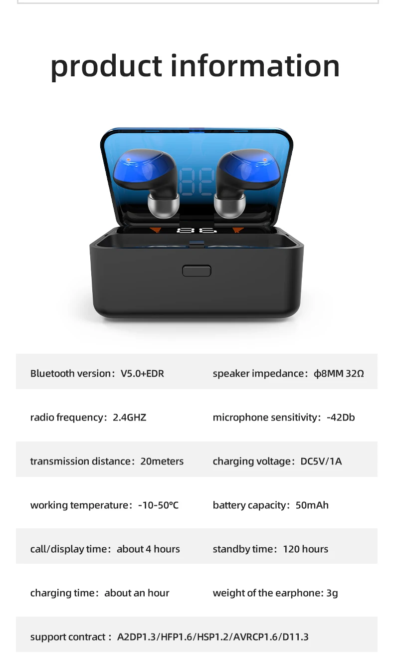 ES01 TWS Headphone BT Wireless Earbuds Earpiece Headset Earphone with Bank Power charging case Touch Screen - ANKUX.COM