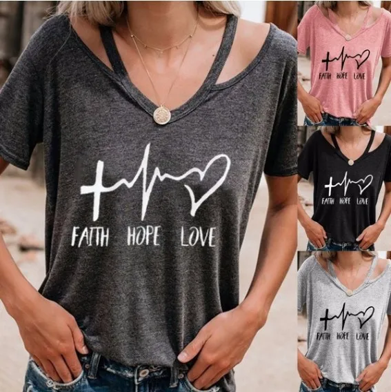 Women's Short Sleeve Casual T-Shirt, Faith Hope Love Letter Printed V-Neck Lace-up Tee
Women's Short Sleeve Casual T-Shirt, Faith Hope Love Letter Printed V-Neck Lace-up Tee