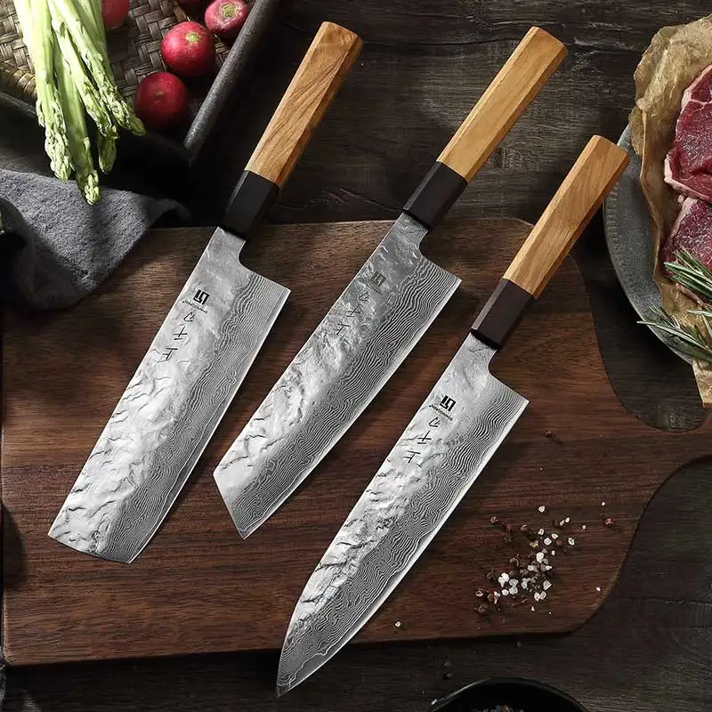 Fangzuo Set 3 Professional Japanese Style Kitchen Knives 67 Layer Damascus Steel Kitchen Knife Set with wood handle
Fangzuo Set 3 Professional Japanese Style Kitchen Knives 67 Layer Damascus Steel Kitchen Knife Set with wood handle