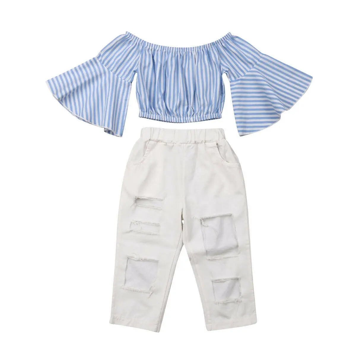 Summer Girl Clothing Trumpet Short Sleeve Wrinkle Top + White Hole Jeans Girl Casual Wear Two Piece, Picture
Summer Girl Clothing Trumpet Short Sleeve Wrinkle Top + White Hole Jeans Girl Casual Wear Two Piece, Picture