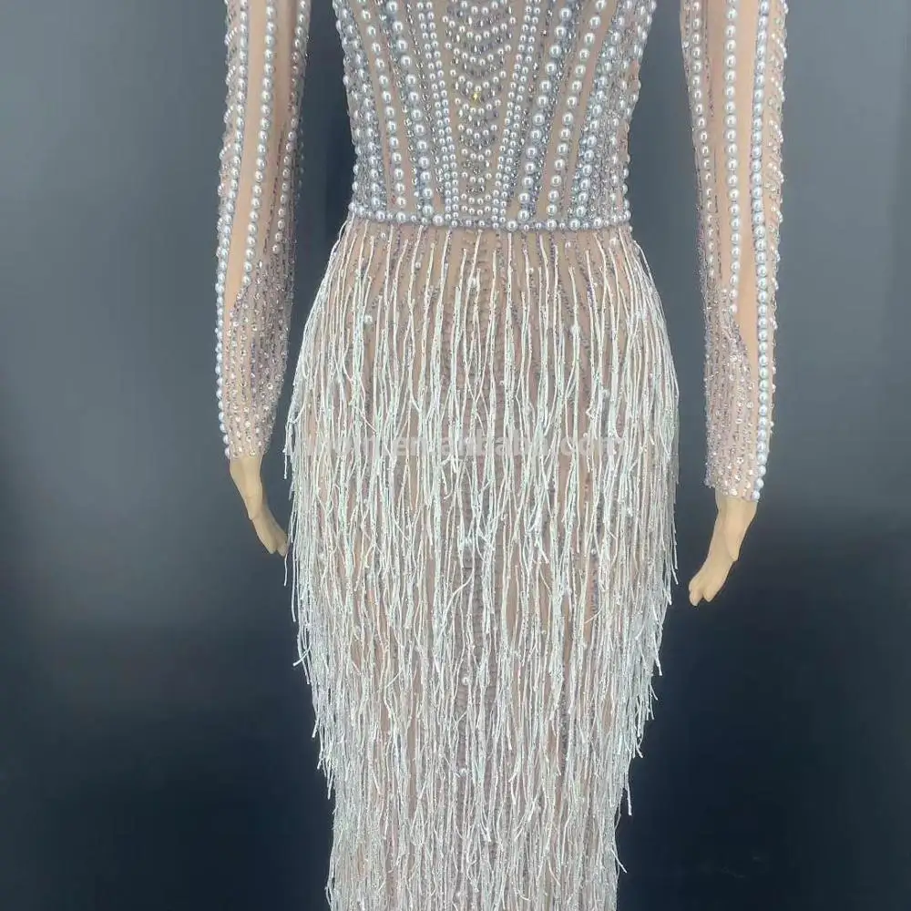 Sparkly Rhinestone Pearl Fringes Long Dress Women Evening Prom Party Birthday Dresses Sexy Tassel Stage Costume Luxury Outfit
Sparkly Rhinestone Pearl Fringes Long Dress Women Evening Prom Party Birthday Dresses Sexy Tassel Stage Costume Luxury Outfit
