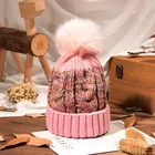 Hot Sale Custom Pink Knit Beanies Hats Pom Pom Winter Hat for Girls Women