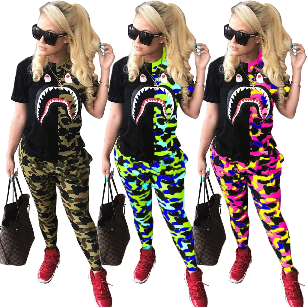 New Arrivals 2021 Women Shark Mouth Print Tshirt Suit Casual Camouflage Pants Two Piece Set
New Arrivals 2021 Women Shark Mouth Print Tshirt Suit Casual Camouflage Pants Two Piece Set