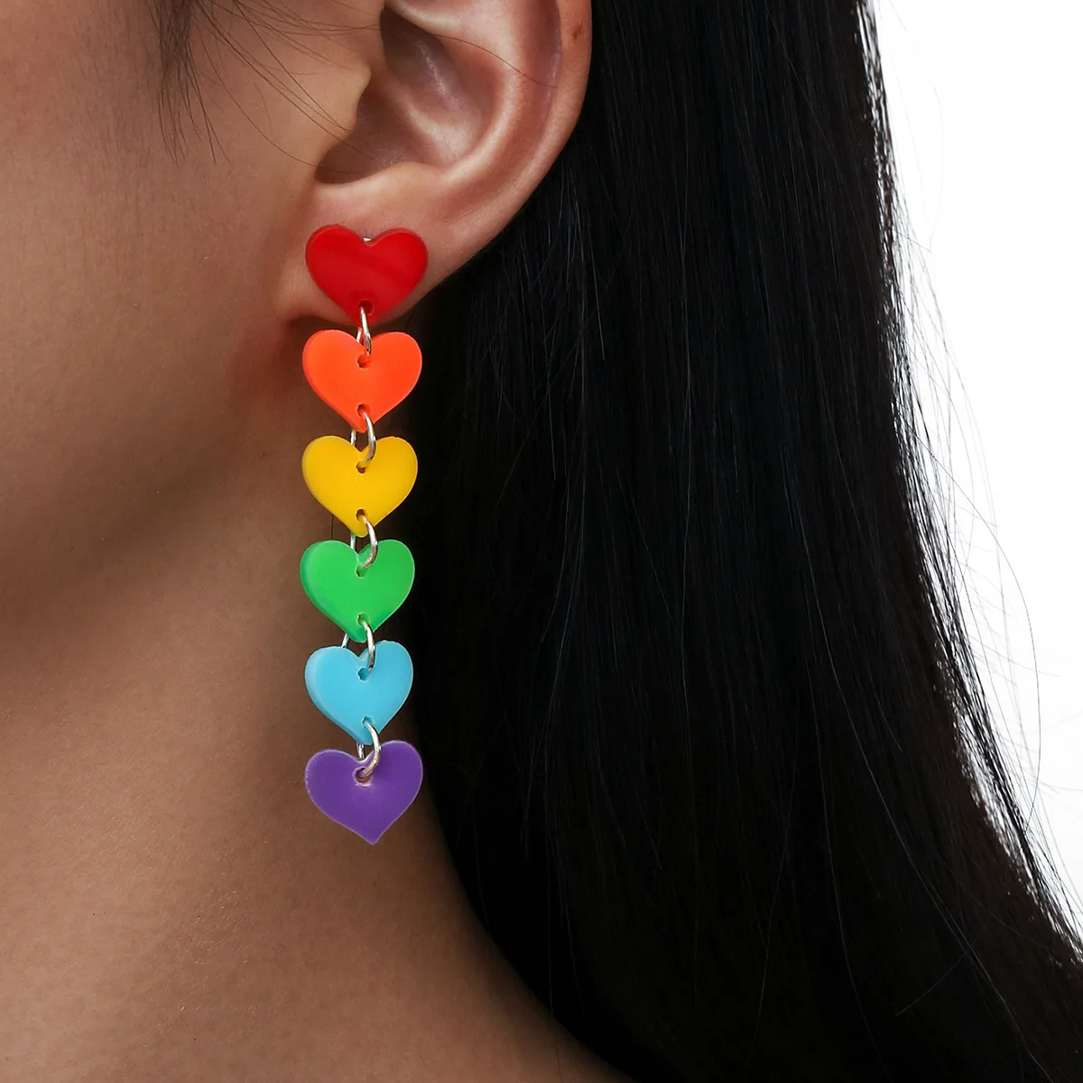 Hot selling Rainbow heart stud Earrings Fashion Acrylic long Tassels Colorful Earrings for Women
Hot selling Rainbow heart stud Earrings Fashion Acrylic long Tassels Colorful Earrings for Women
