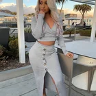New Autumn And Winter Sexy Casual Knitting Top Open-Forked Long Skirt Suit V Collar Long Sleeve Dress