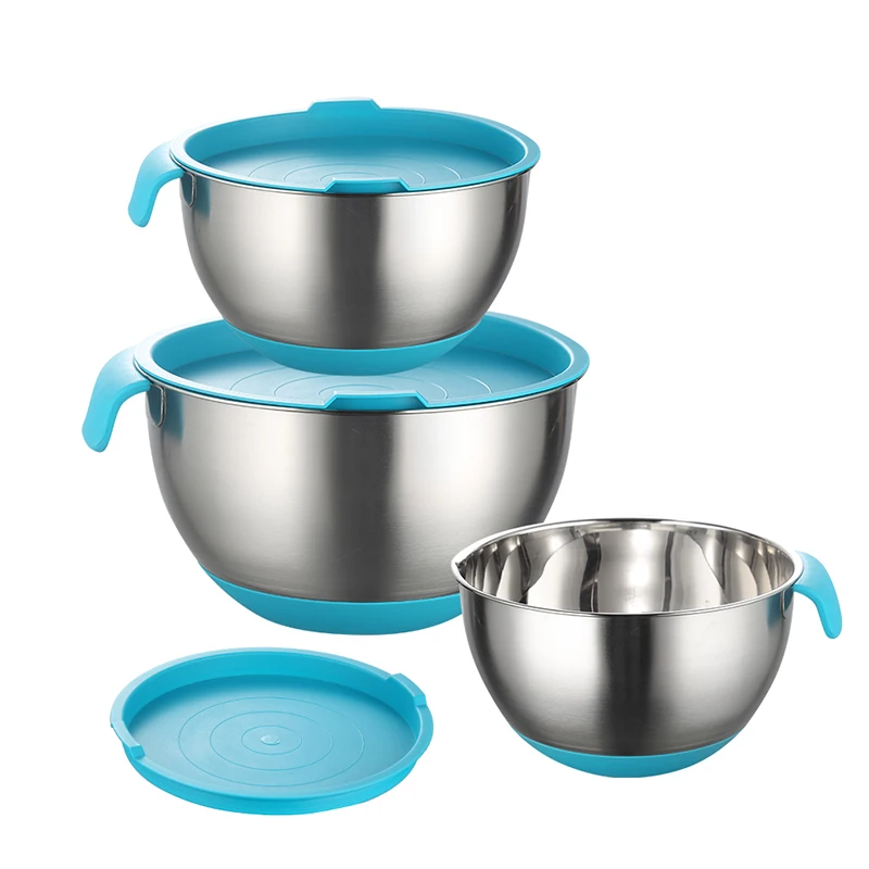 Wholesale chef 3 piece kitchcen tool stianless steel mixing bowl set with silicone base handle spout lid, Customized
Wholesale chef 3 piece kitchcen tool stianless steel mixing bowl set with silicone base handle spout lid, Customized