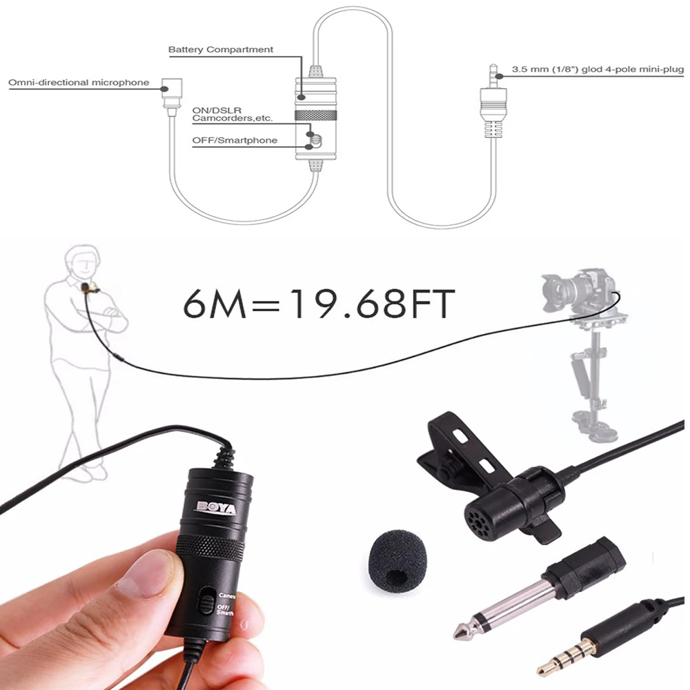 BOYA BY-M1 6m clipsable Micro Cravate 3.5mm omnidirectionnelle Micro À Condensateur pour Smartphone SONY Canon Nikon DSLR