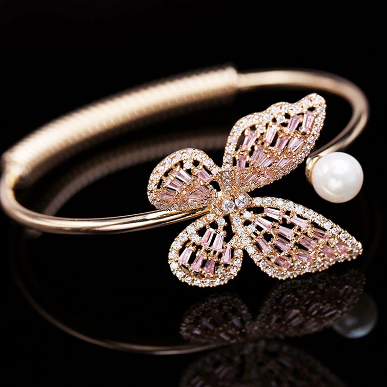

Fashionable Joker Hollow Sparkling Zircon Bangle Pearl Butterfly Opening Adjustable Bracelet, Gold/silver