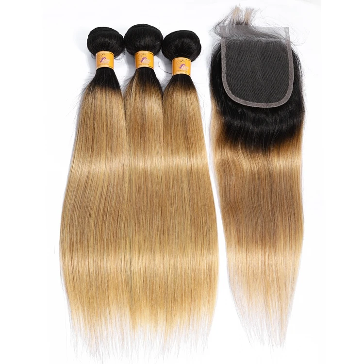 

Best selling 1b 27 ombre color 10a grade peruvian virgin human hair bundles with lace frontal closure