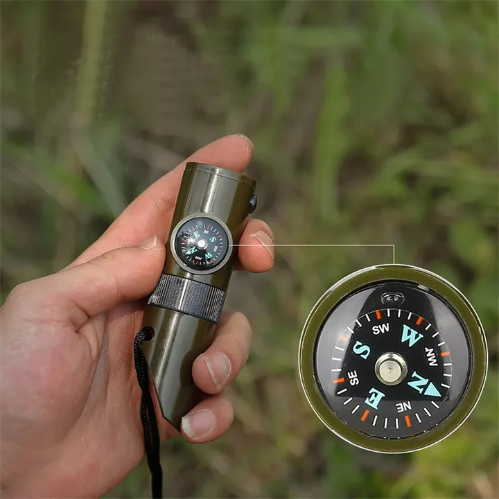 

Outdoor camping 7 in 1 multi-function survival whistle high decibel portable lanyard with compass flashlight