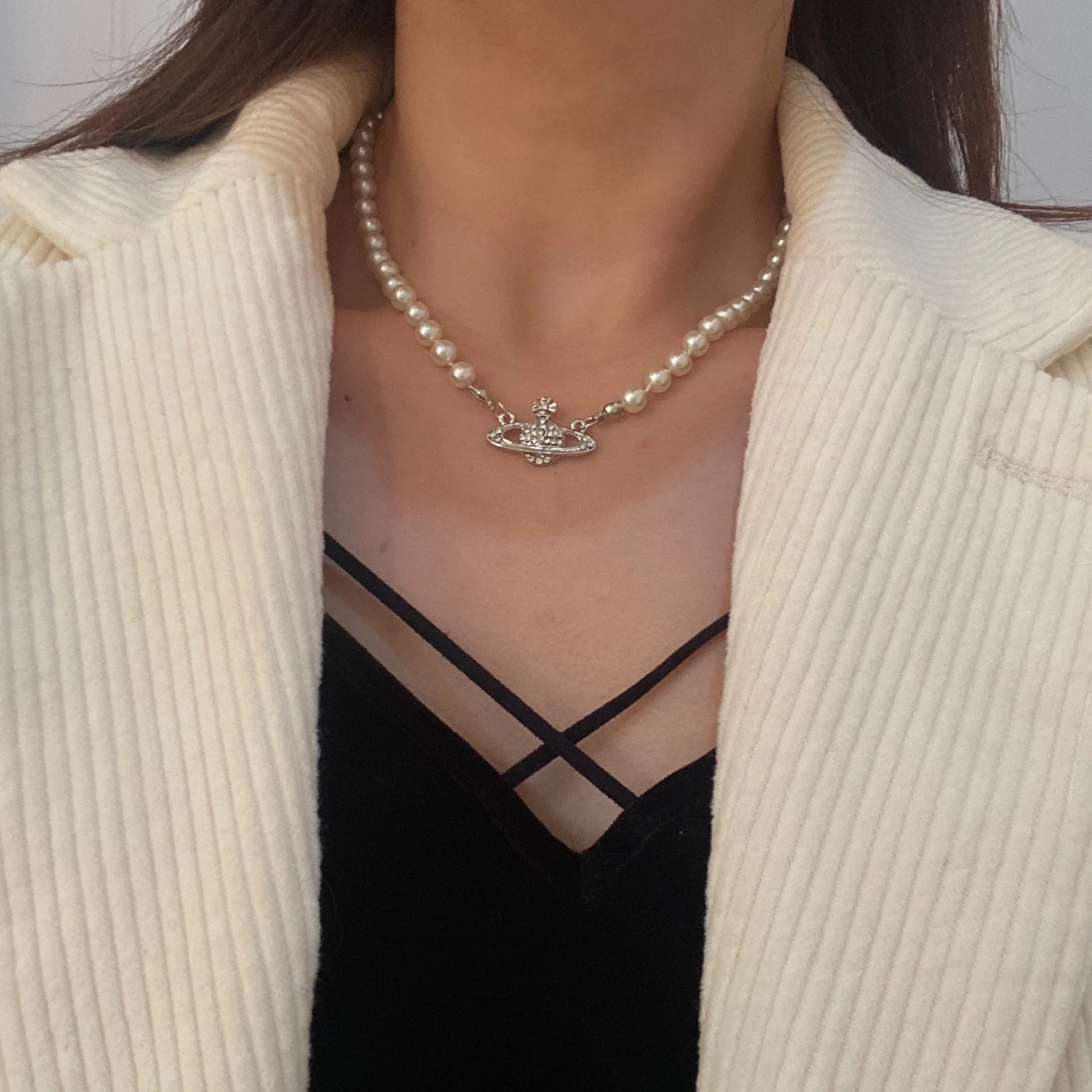 2021 Trendy Saturn Pearl Necklace Crystal Rhinestone Choker Necklace for Women and Girls, Gold
2021 Trendy Saturn Pearl Necklace Crystal Rhinestone Choker Necklace for Women and Girls, Gold