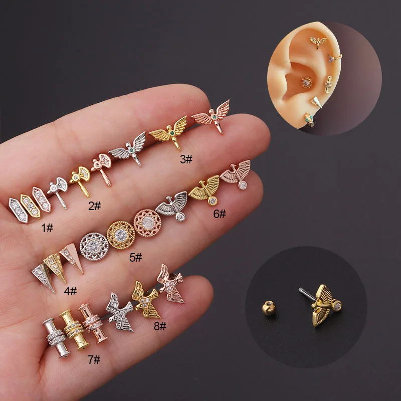 

New 20g Bird Barbell Cz Cartilage Piercing Totem Design Ear Tragus Lobe Screw Back Stud Earring Stainless Steel Helix Piercing, Gold/silver/rose gold