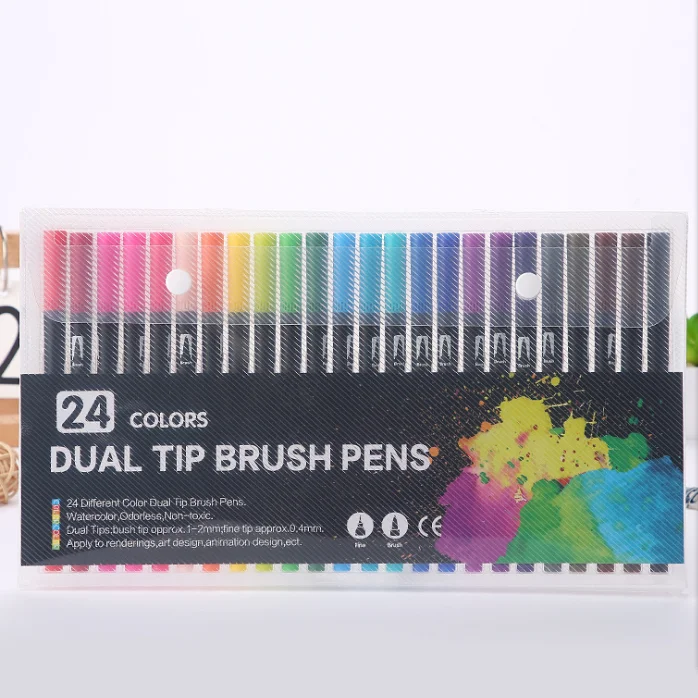 24 colors plastic PVC bag pack dual head brush marker pen watercolor brush tip and fine tip
24 colors plastic PVC bag pack dual head brush marker pen watercolor brush tip and fine tip