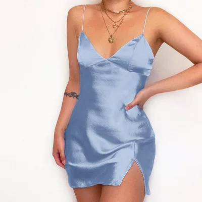 New Summer Club Dresses Solid Color Sexy Satin Dresses Women Suspender Small Slit Slim Dresses, Black, blue, pink
New Summer Club Dresses Solid Color Sexy Satin Dresses Women Suspender Small Slit Slim Dresses, Black, blue, pink