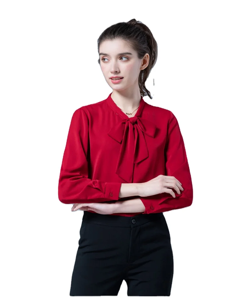 Wholesale solid color woven office slim fit formal tie neck blouse for women, Customized color
Wholesale solid color woven office slim fit formal tie neck blouse for women, Customized color