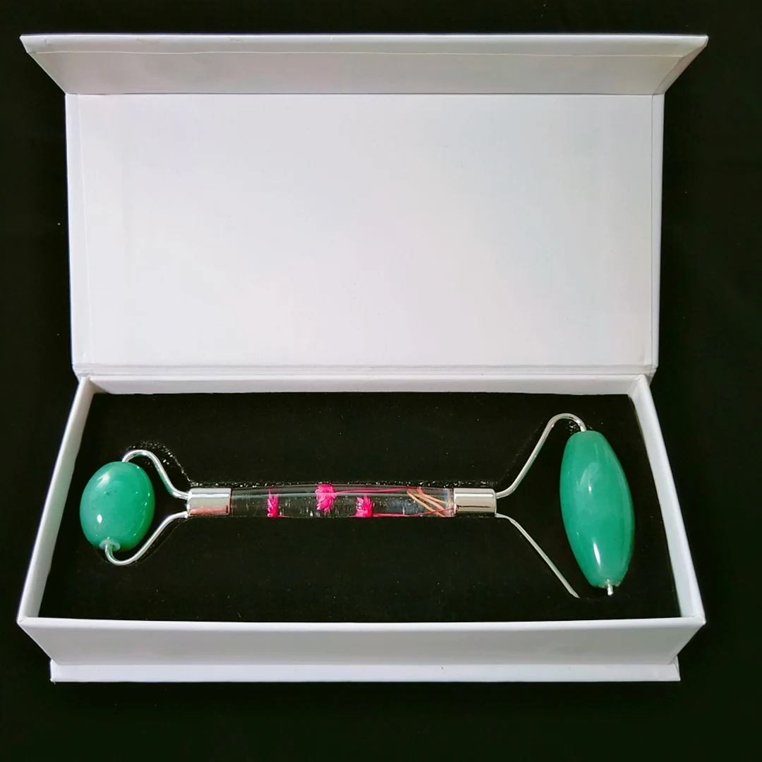 Direct 100% green aventurine flower handle jade roller manufacturer stone massage face roller wholesale price with box
Direct 100% green aventurine flower handle jade roller manufacturer stone massage face roller wholesale price with box