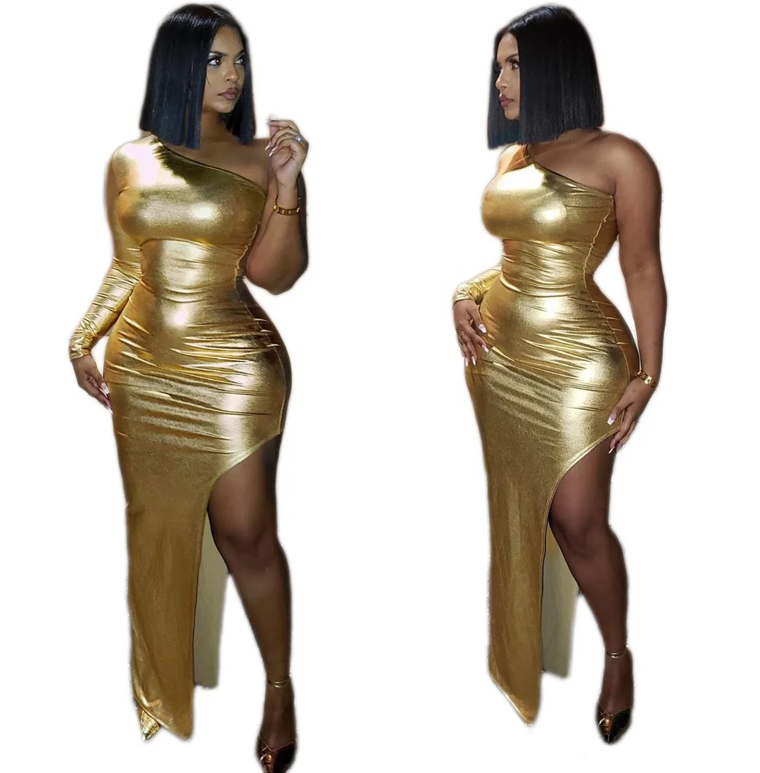 Wholesale 2021 Sexy Long Sleeve Women Nightclub Slit Elegant Gold One Shoulder Bodycon Long Dress
Wholesale 2021 Sexy Long Sleeve Women Nightclub Slit Elegant Gold One Shoulder Bodycon Long Dress