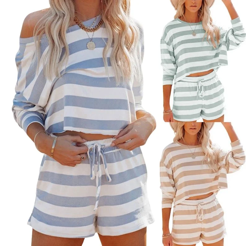 Custom logo 2021 spring and summer New Amazon women's long-sleeve shirt shorts striped sweater casual two-piece suit, Picture shown
Custom logo 2021 spring and summer New Amazon women's long-sleeve shirt shorts striped sweater casual two-piece suit, Picture shown