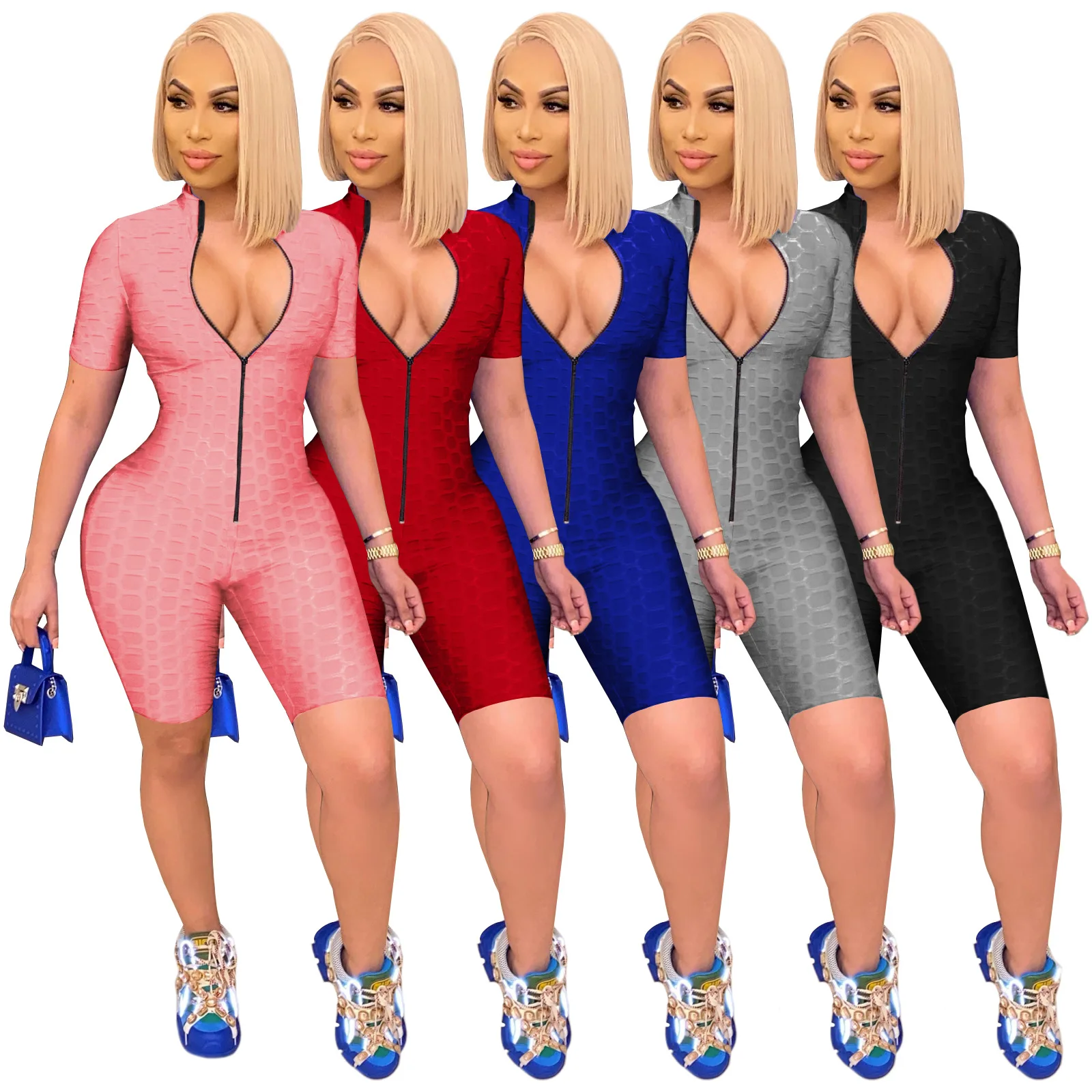 High Quality Solid Color Short Sleeve Bodycon Zipper V Neck Women Summer One Piece Short Jumpsuits, Pictures showed
High Quality Solid Color Short Sleeve Bodycon Zipper V Neck Women Summer One Piece Short Jumpsuits, Pictures showed