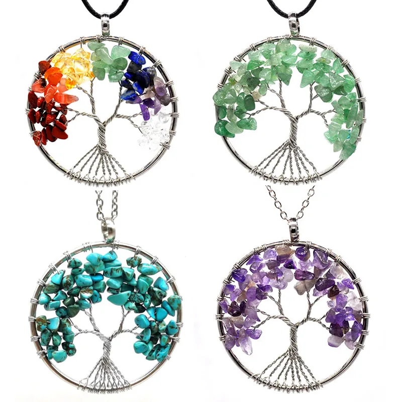 

Fashion Gemstone Jewelry 7 Chakra Natural Stone Crystal Gravel Pendant Tree of Life Silver Alloy Gemstone Pendants