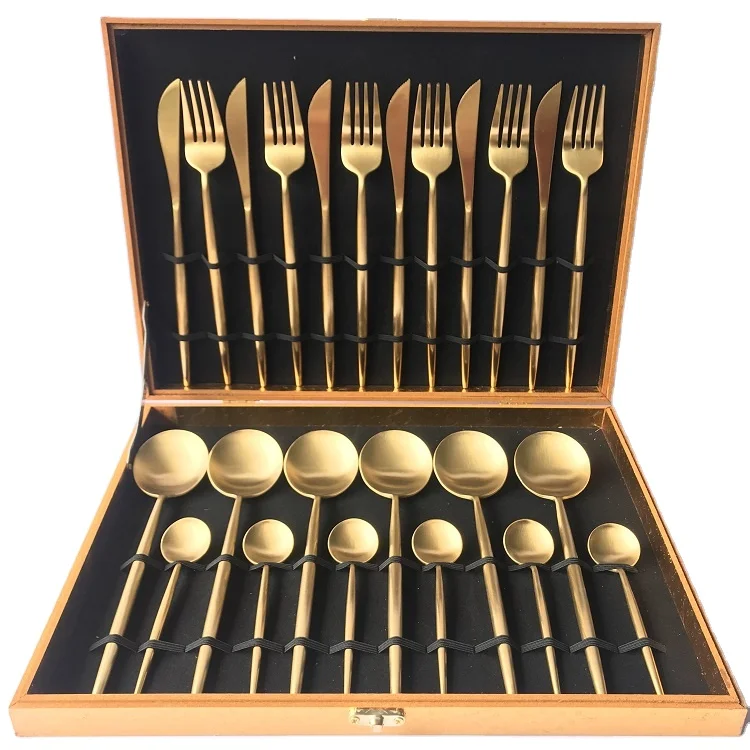Hot sale 304 Luxury Flatware Gift Case Stainless Steel 24pcs Golden wooden box Cutlery Set, Gold
Hot sale 304 Luxury Flatware Gift Case Stainless Steel 24pcs Golden wooden box Cutlery Set, Gold