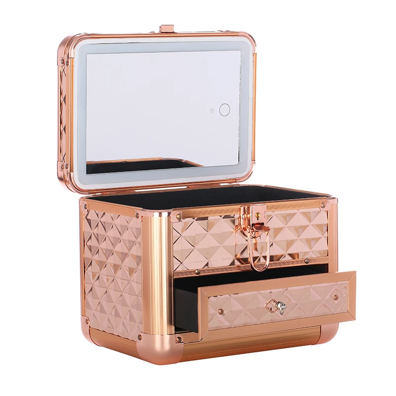 Professional Double Layer Cosmetic Case With LED Light Cheap Price Gold Make Up Case With Mirror
Professional Double Layer Cosmetic Case With LED Light Cheap Price Gold Make Up Case With Mirror