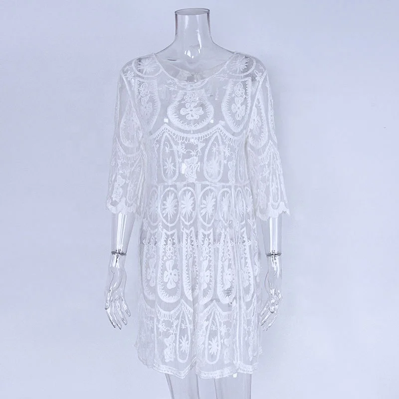B52304A Europe simple fashion lace flower hollow out sexy half sleeve smock dress, White
B52304A Europe simple fashion lace flower hollow out sexy half sleeve smock dress, White