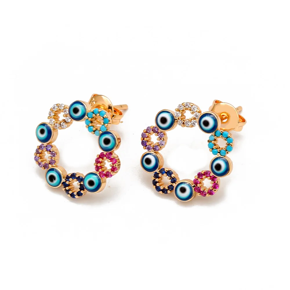 18K Gold Plated Round Shape Colorful Zircon Flower Stud Earrings Enamel Blue Turkey Eye Earrings
18K Gold Plated Round Shape Colorful Zircon Flower Stud Earrings Enamel Blue Turkey Eye Earrings