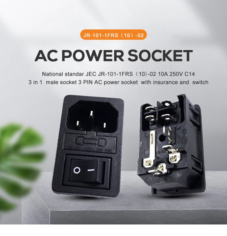 AC Power Socket With Black Rocker Switch 2pin And Fuse 10A 250V 3 in 1