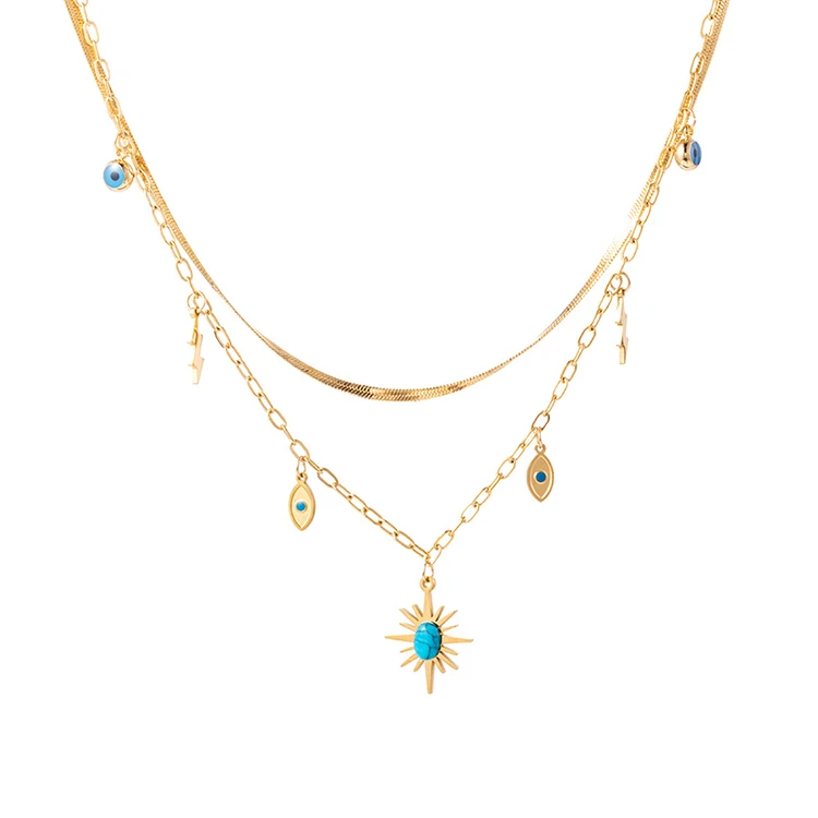 

Y085 18k Gold Plated Jewelry Stainless Steel Ladies Double Layered Devil Eyes Necklace for Women Turquoise Stone Necklaces