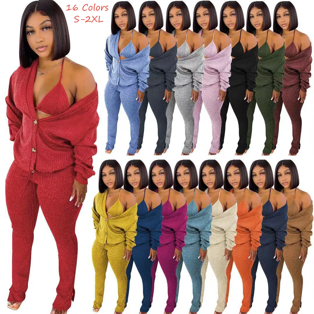 2022 New Arrival Casual Solid Two Piece Cozy Knit Sweater Sets Fall 2021 Women Clothes With Button 3 Piece Knitted Pants Set, Black and 15 other colors
2022 New Arrival Casual Solid Two Piece Cozy Knit Sweater Sets Fall 2021 Women Clothes With Button 3 Piece Knitted Pants Set, Black and 15 other colors